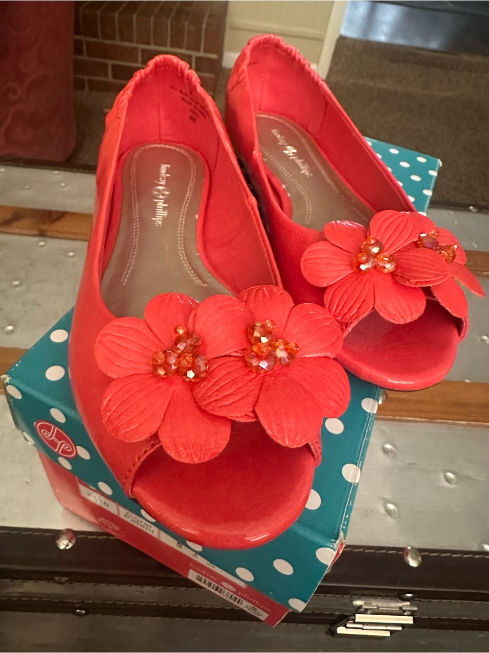 Lindsay Phillips Kate Coral Peep Toe Ballet Flats w/ Interchangeable Snaps Sz 6